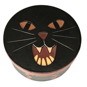 Black Cat Cardboard Papier Mache Box Halloween Folk Art Style 2.5" x 6"